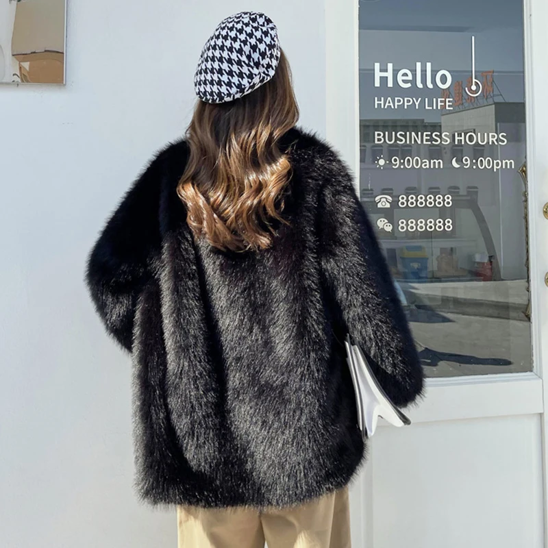 Women White Faux Fur Coat Pink Faux Fox Fur Coat Winter 2023 Elegant Luxury High Quality Furry Outwear Mid-length Overcoat