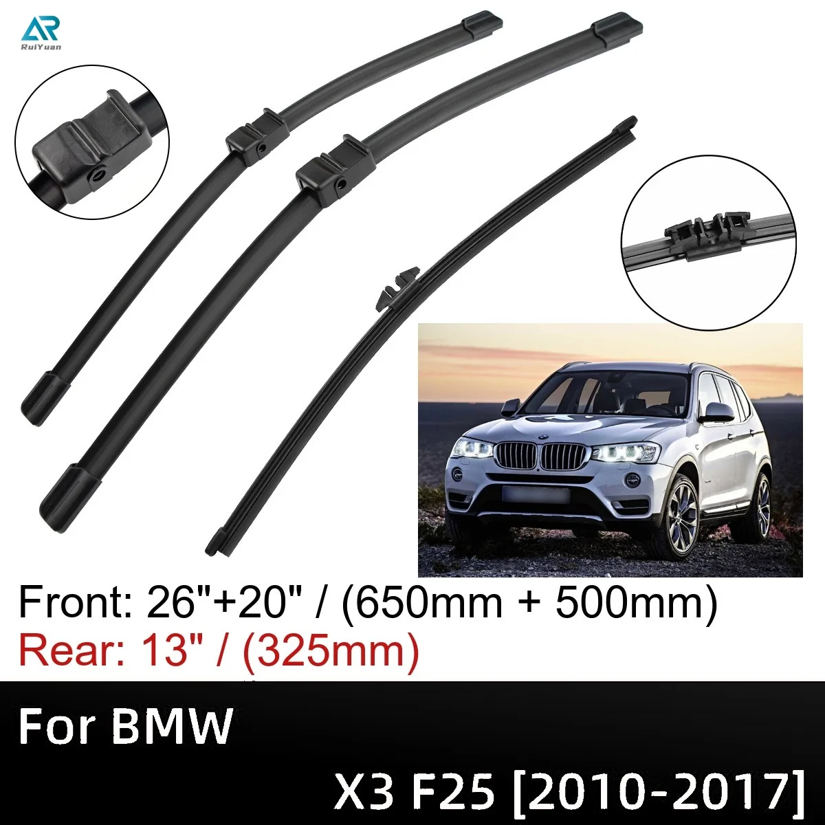 

For BMW X3 F25 2010-2017 26"+20"+13" Front Rear Wiper Blades Brushes Cutter Accessories 2010 2011 2012 2013 2014 2015 2016 2017