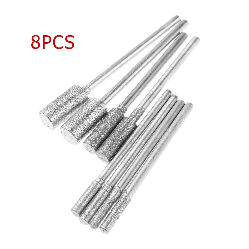 

8Pcs Diamond Coated Cutting Cylindrical Grinding Head 2.35mm For Shank Jade Stone File Carving Polishing Tools