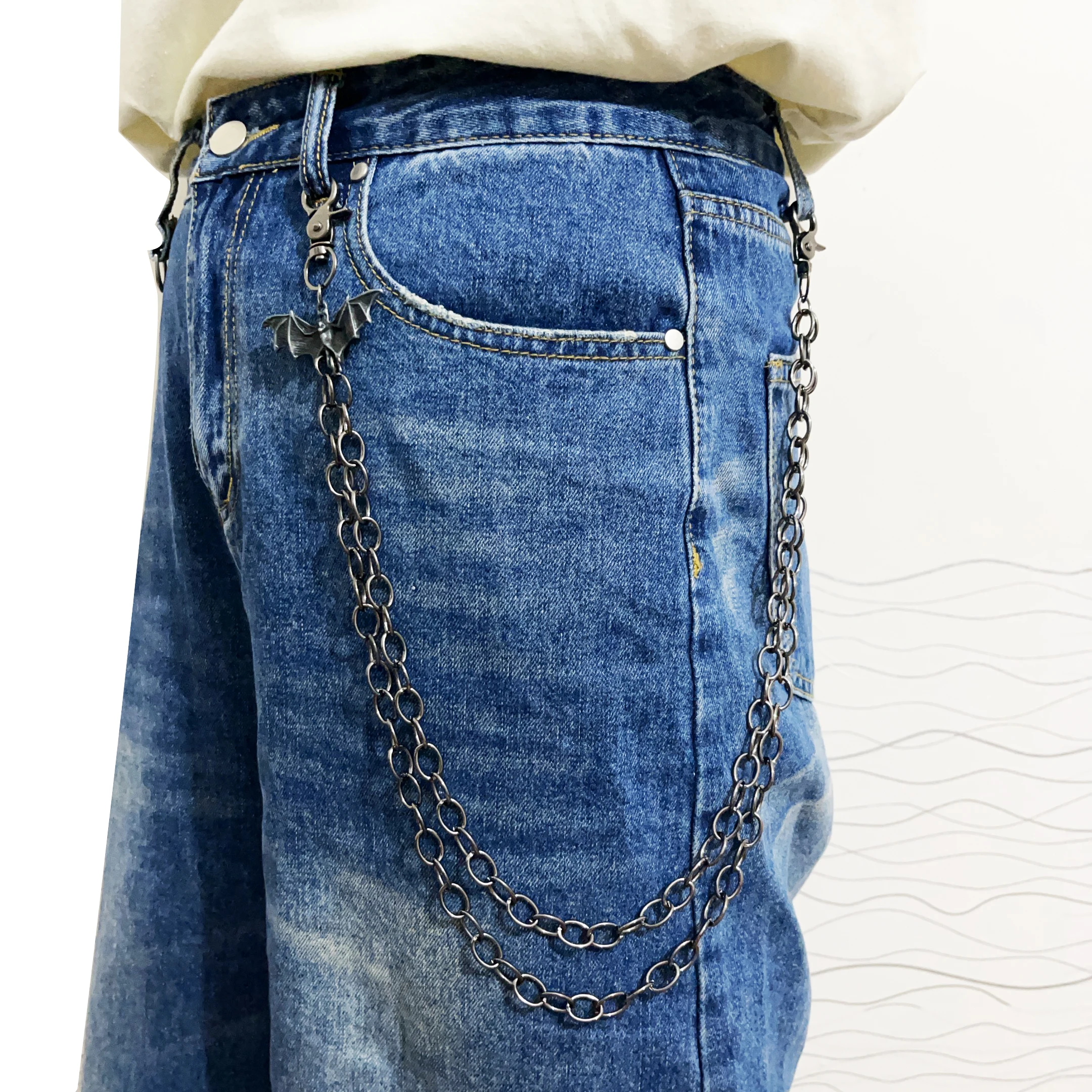 Retro punk style high street cool dark trend with bat pants chain jeans belt men and women all-match view 3