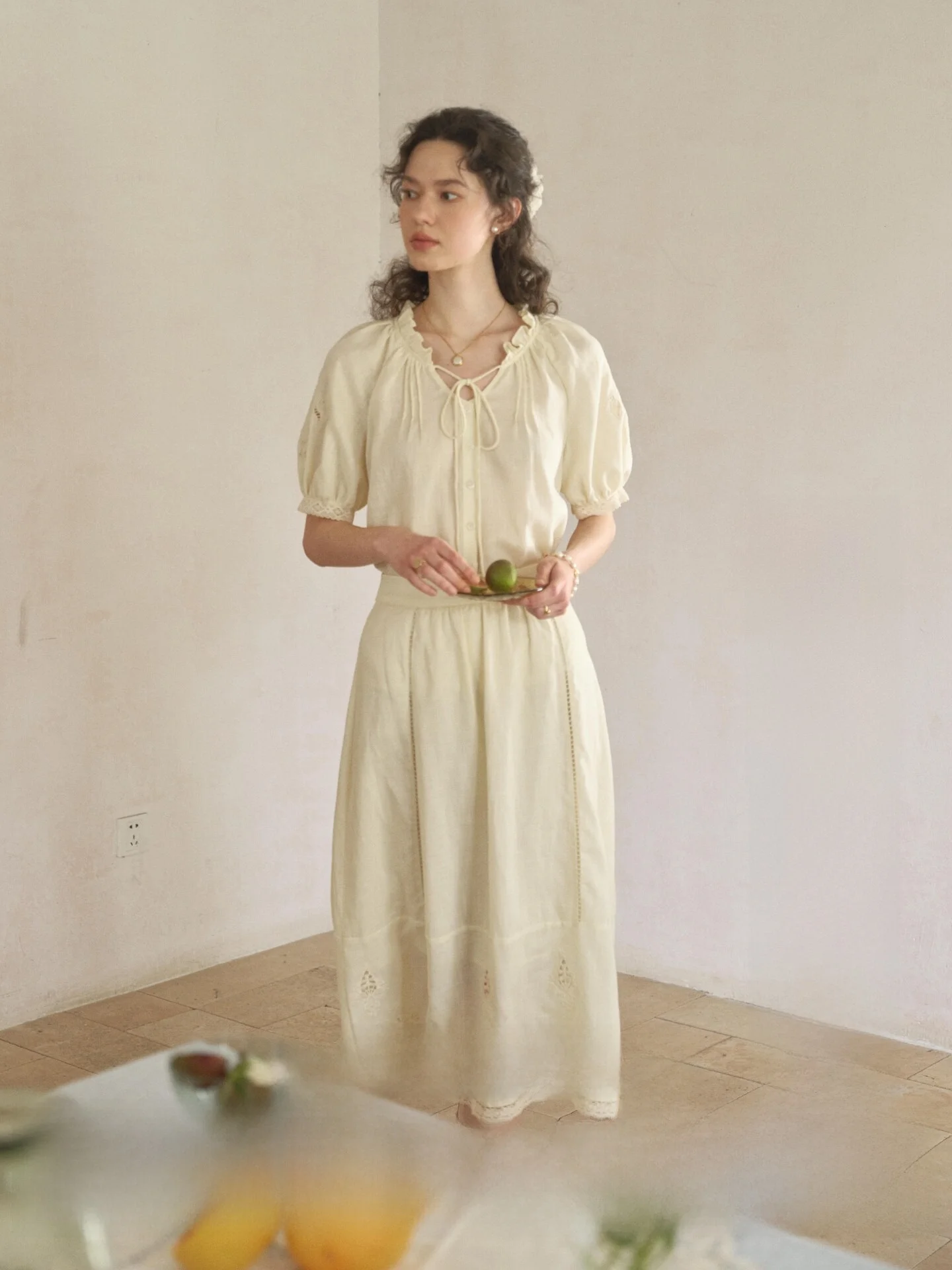 SimpleRetro Women's Summer Shirt Skirt Set  Linen Bubble Sleeve High Waist Casual Fashion Ensemble