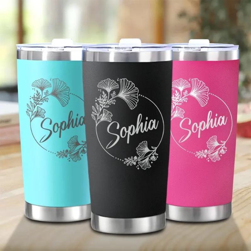 20oz Custom Name Ginkgo Branch Carved Floral Stainless Steel Water Coffee Cup Personalized Festival Birthday Gift for Men Women