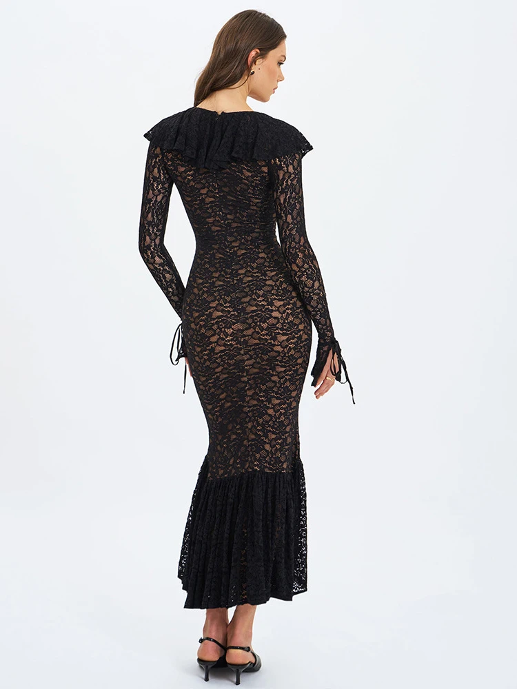 JULISSA MO Sexy pure dentelle robe sirène femmes noir manches évasées col en v robe Maxi automne mince élégant robe de soirée 2025