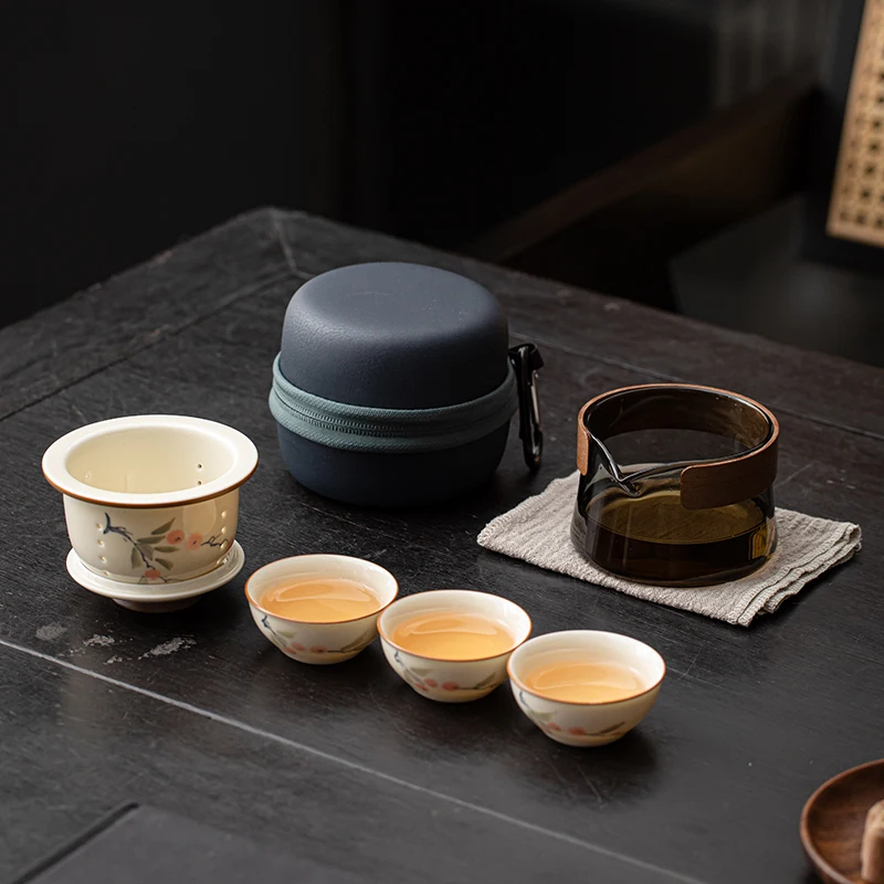 Hand-drawn Persimmon Porcelain Travel Tea Set Portable Outdoor KuaiKe Cup One Pot Three Cups KungFu Tea Set