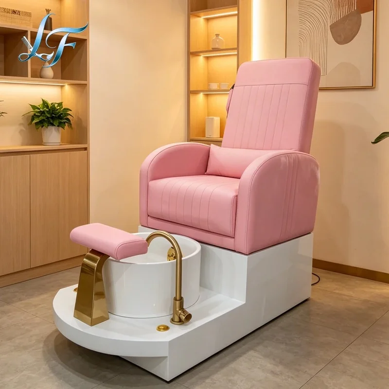 Modern Luxury Beauty Nail Salon Pink Reclining Electric Manicure Foot Spa Massage Pedicure Chair with Discharge Pump Whirlpool
