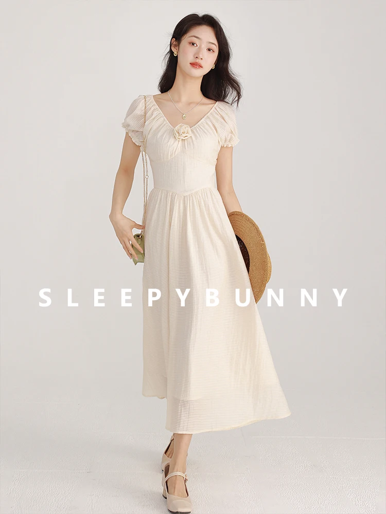 

Vintage Floral Puff Sleeve Dress Women Two-Way Elegant Princess Midi Dress Summer Slim High Waist A-Line Dress Daily Vacation