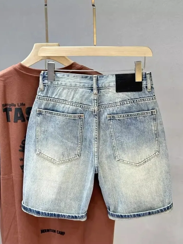 Summer 2026 Men's Retro American High Street Denim Shorts Five-Point Hole Worn-look Straight Leg Mid-Waist Casual Jeans