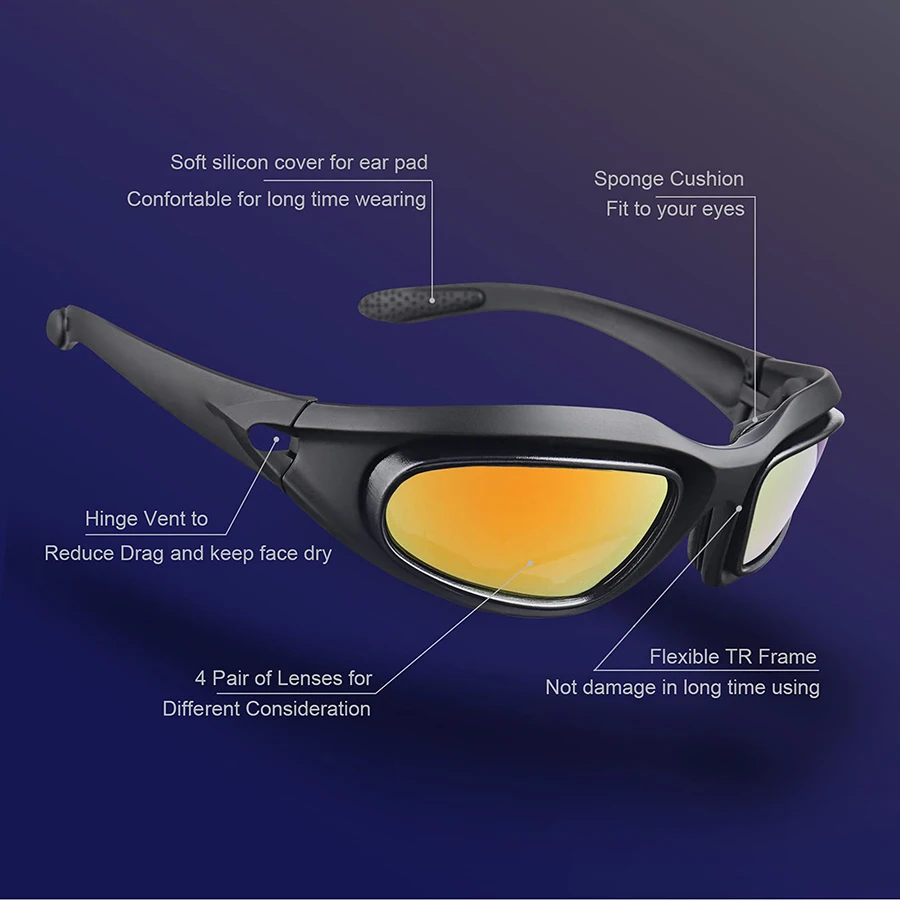 Motorcycle Riding Sun Glasses Anti-Fog Polarized Interchangeable Lens Sunglasses Shooting Cycling Hiking Work Padding Goggles