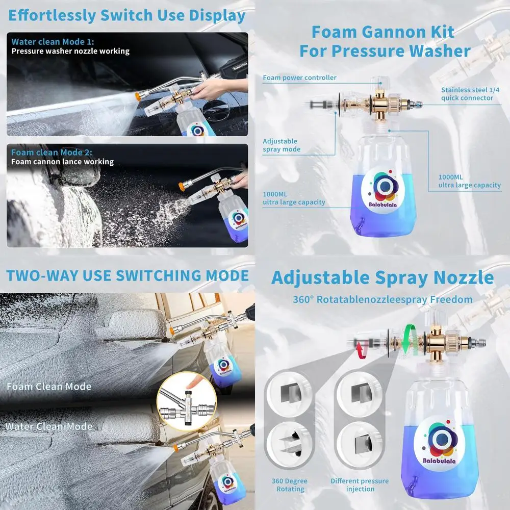 

Foam Cannon with Dual Connector, Dual Connector Foam Cannon with 5000PSI Pressure Washer Gun,7 Nozzles, 1/4" Quick Connect