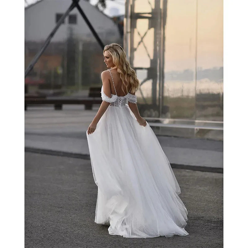 Exquisite A Line Wedding Dresses for Bride See Thr Lantern Sleeve Bridal Dress Beaded Wedding Annversary Gowns for Women