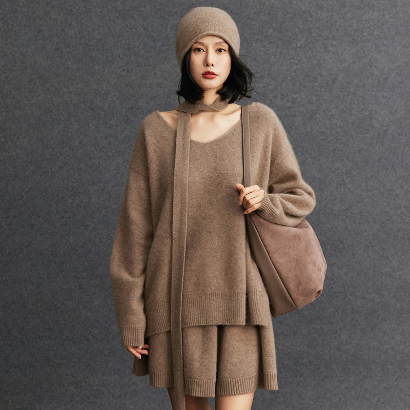 100% Goat Cashmere Sweater Women V-Neck Pullover Autumn Winter Solid Long Sleeve Thick Soft Cashmere Knitted Loose Clothing Top