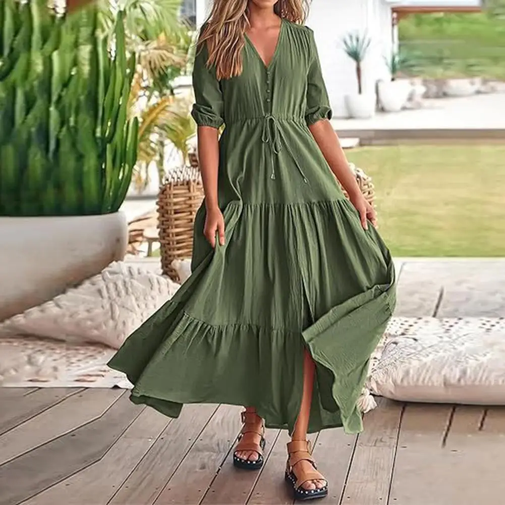 Elegante vestido maxi, vestido plissado detalhando, decote V, cintura de cordão, férias de verão ou escapadelas na praia