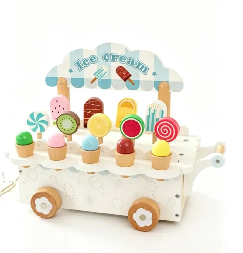 Kids Wooden Ice Cream Cart Pretend Food Toy Set, Simulation Role‑Play Ice Cream Trolley Toy for 3‑8 Year Old Children