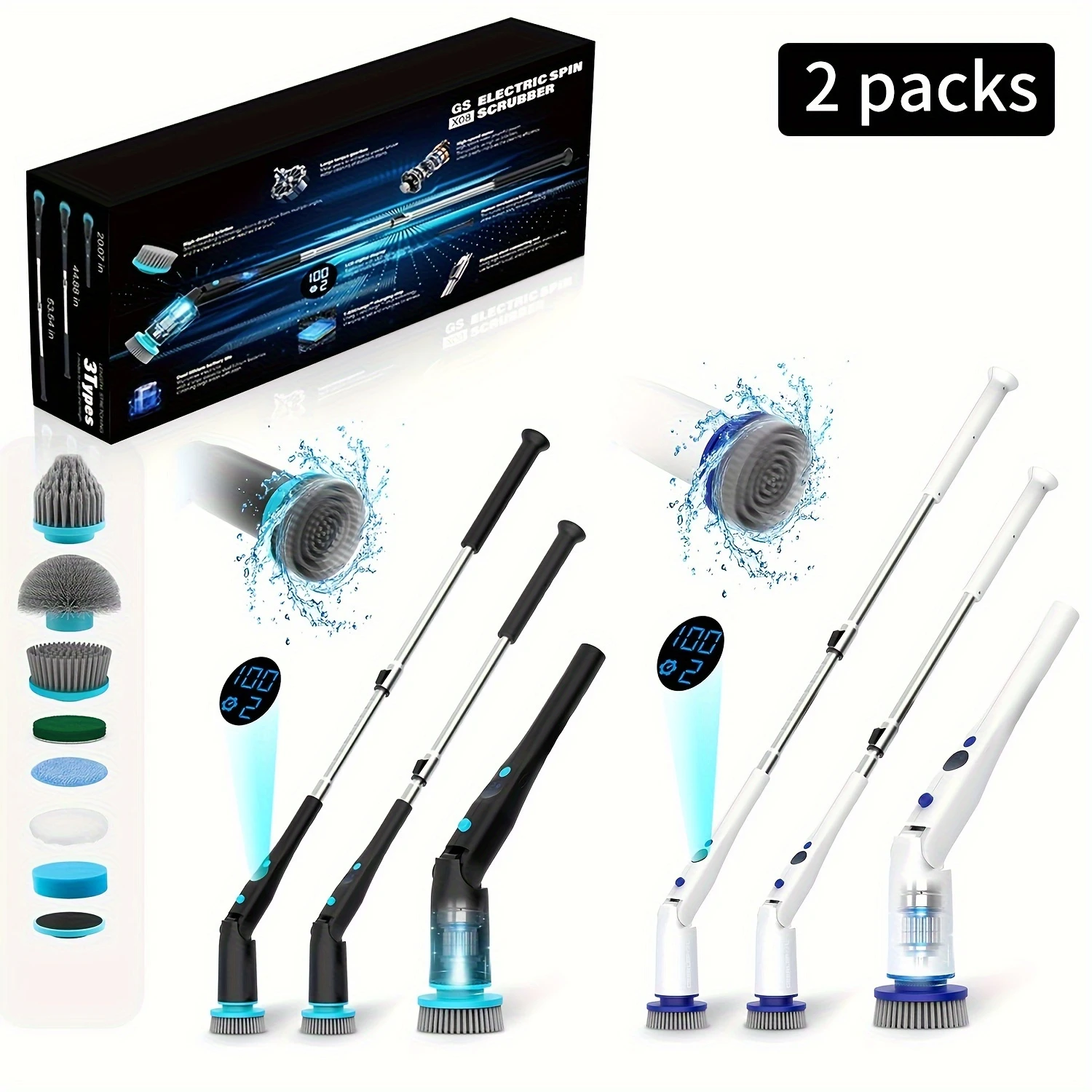 ชุดเครื่องขัดพื้นแบบหมุนไฟฟ้าไร้สายด้ามยาวปรับได้ - กันน้ํา IPX7 หัวแปรงหลายความเร็ว 2 ระดับสําหรับห้องน้ํา