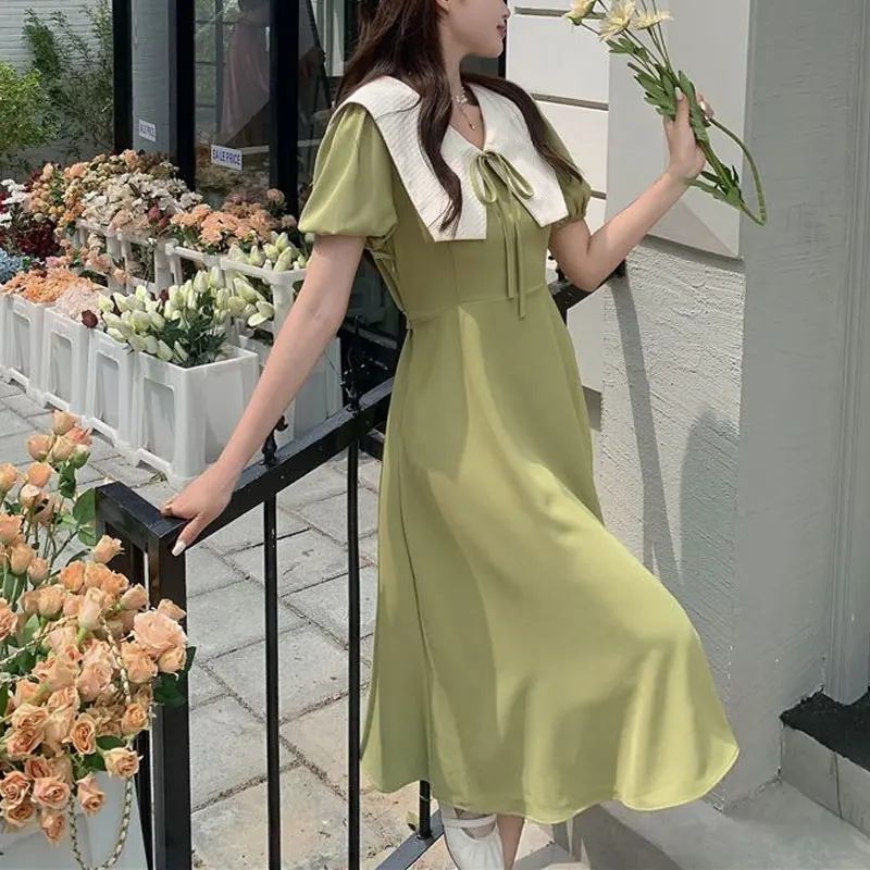 Fashion Drawstring Doll Collar Dresses Summer French Style Solid Color Women's Clothing A-Line Elegant Puff Sleeve Midi Dress