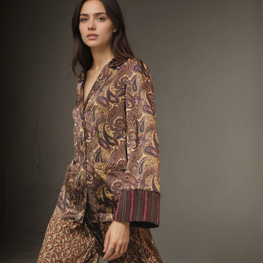 

Зимняя новая женская модная универсальная пижамная рубашка с узором пейсли и брюки