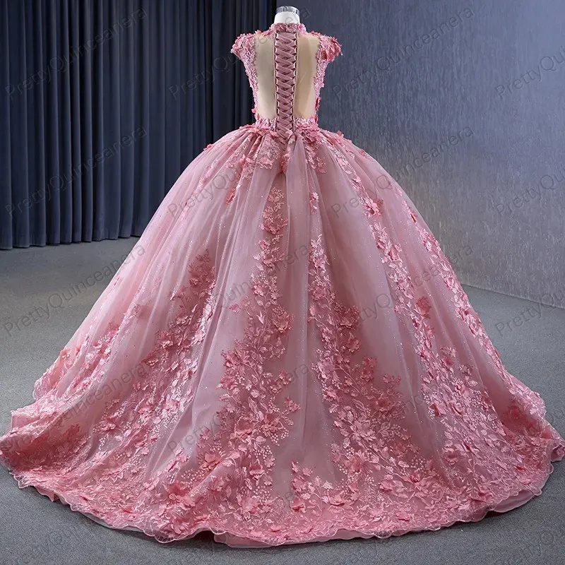 Vestido de quinceañera Floral 3D con cordones en la espalda, corsé de ilusión de cuchara Rosa polvoriento, falda hinchada grande, vestido de baile hecho a medida