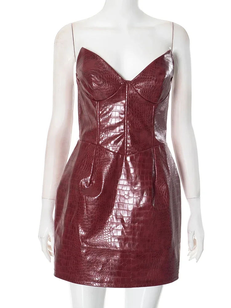 Crocodile Leather Dress Women Chest Wrap Sexy Cleavage Backless Midnight Wild Hipster Club Party Classic Mini Bodycon