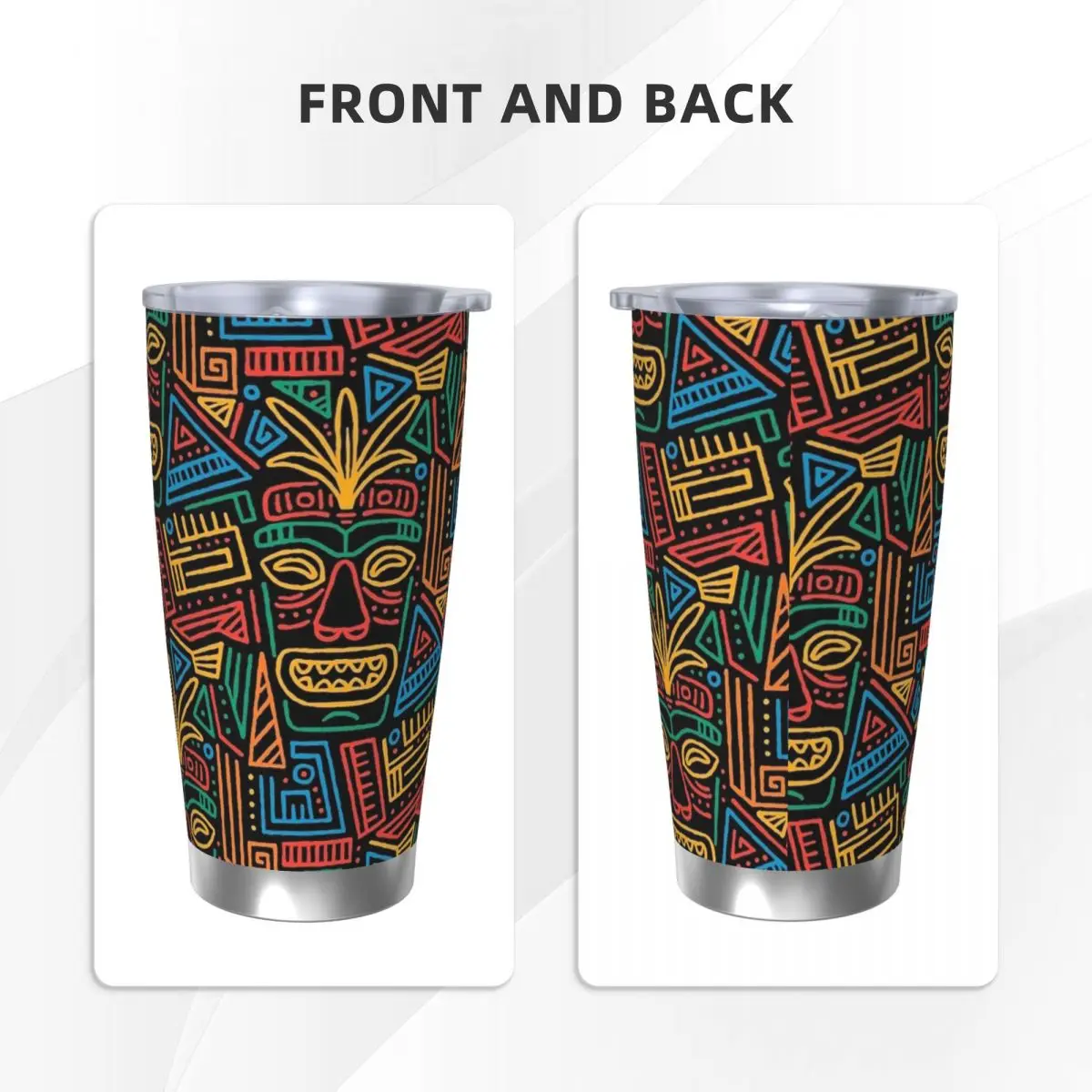 Tiki Pattern Insulated Tumbler with Straws Lid Tropical Exotic Vacuum Thermal Mug Outdoor Travel Car Bottle Cup, 20oz