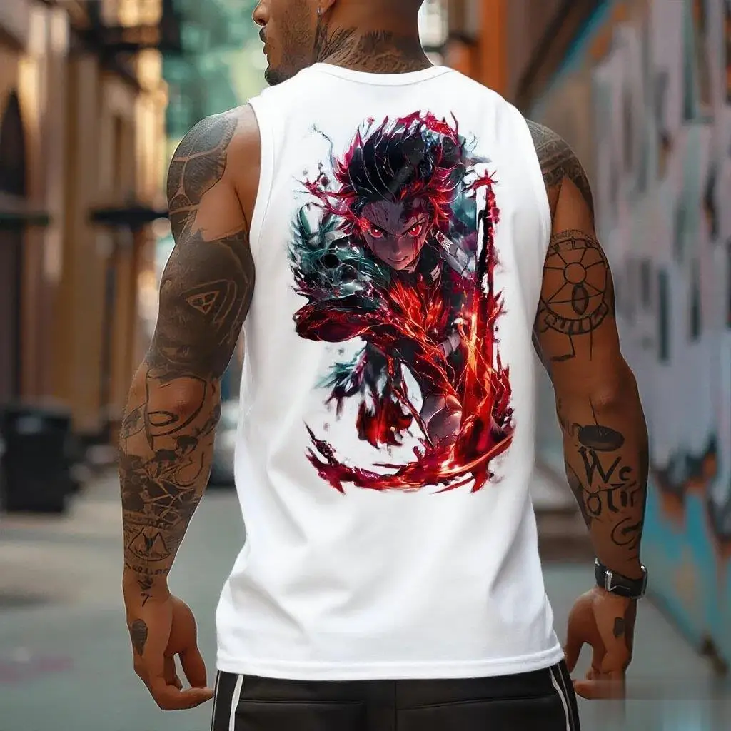 الصيف العصرية سترة رياضية المتضخم عادية شيطان القاتل الرجال أكمام تانك القمم الشارع الشهير أنيمي طباعة الجرافيك العضلات التي شيرت جديد