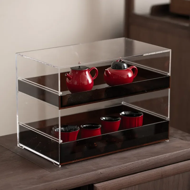 Transparent Acrylic Tea Set Storage Rack Dustproof Teapot Cup Holder Display Stand Simple Kitchen Organizer for Tea Ceremony