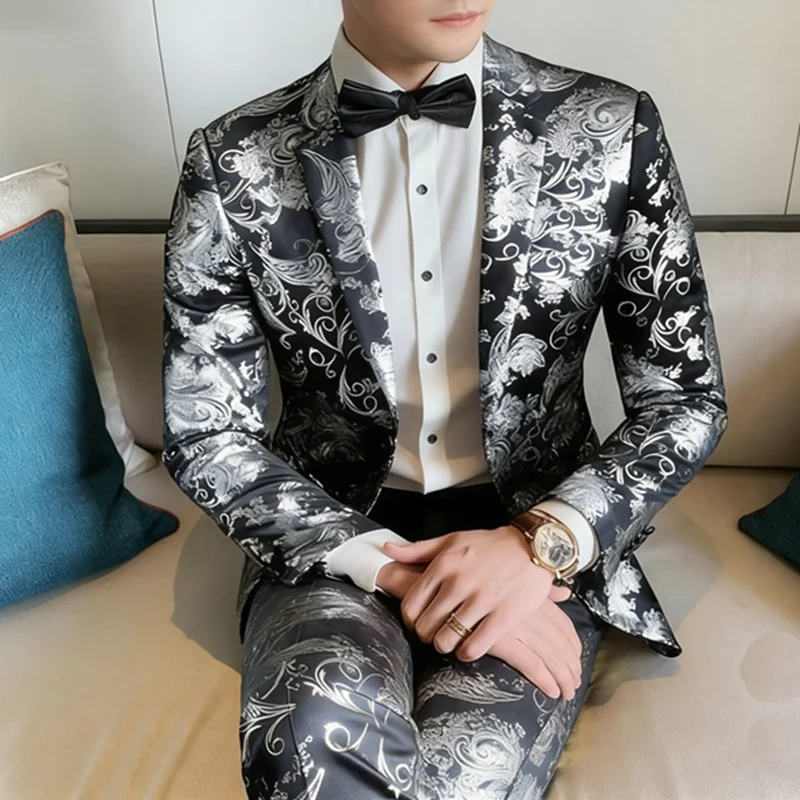 Suits Men's Gold-embroidered Fashionable Banquet Print Dance Singer Trend Host Casual Wedding Dress Male Star Performance Suit