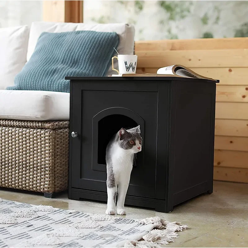 Indoor Cat Litter Box Furniture Enclosure Nightstand TV Cabinet Stand Hidden Kitty House Villa Bedroom Side Table Pet Home