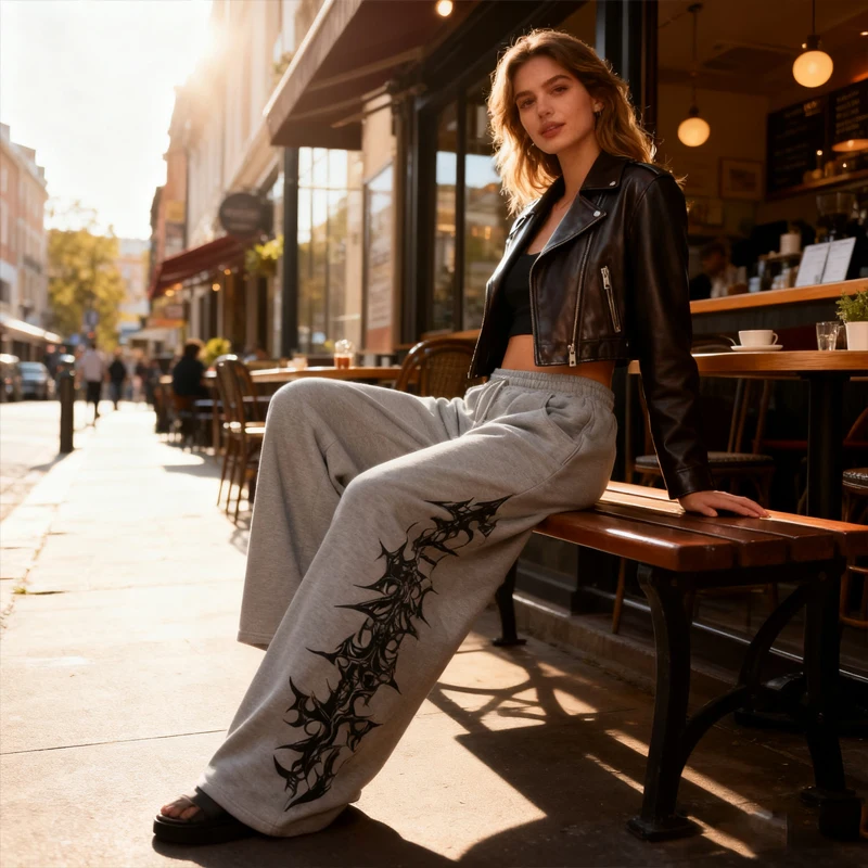 Nowe spodnie w stylu Y2K Gothic Eom na jesień/zimę, luźne, proste, z artystycznym wzorem, sportowe, outdoorowe, hip-hopowe, czarno-szare.