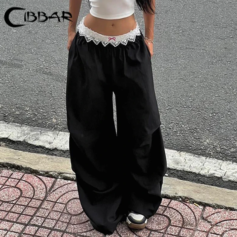 CIBBAR Contrast Lace Stitching Wide Leg Pants Streetwear y2k Low Rise Loose Black Trousers for Women Korean Fashion Baggy Capris