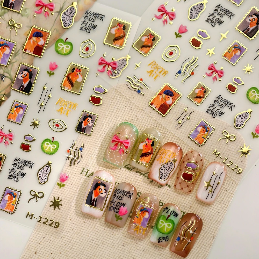 

Gold Stamped Twisted Clock Bowknot Stars Apple Cartoon Horse Portraits 3D Self Adhesive Nail Art Sticker Graffit Manicure Decals