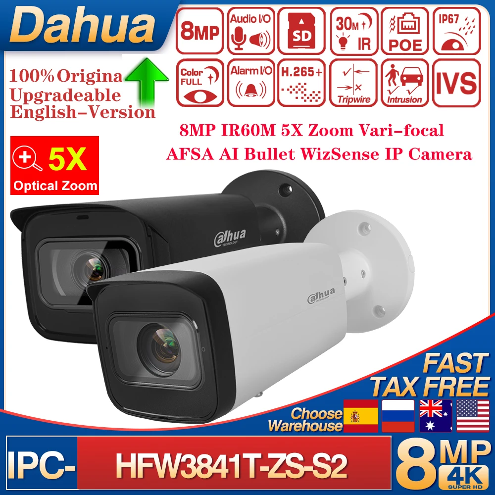 Dahua 4K 8MP IPC-HFW3841T-ZS-S2 IPC-HFW3841T-ZAS-S2 IR60M 5X Zoom Vari-focal Bullet WizSense POE Network IP Camera AFSA  AI