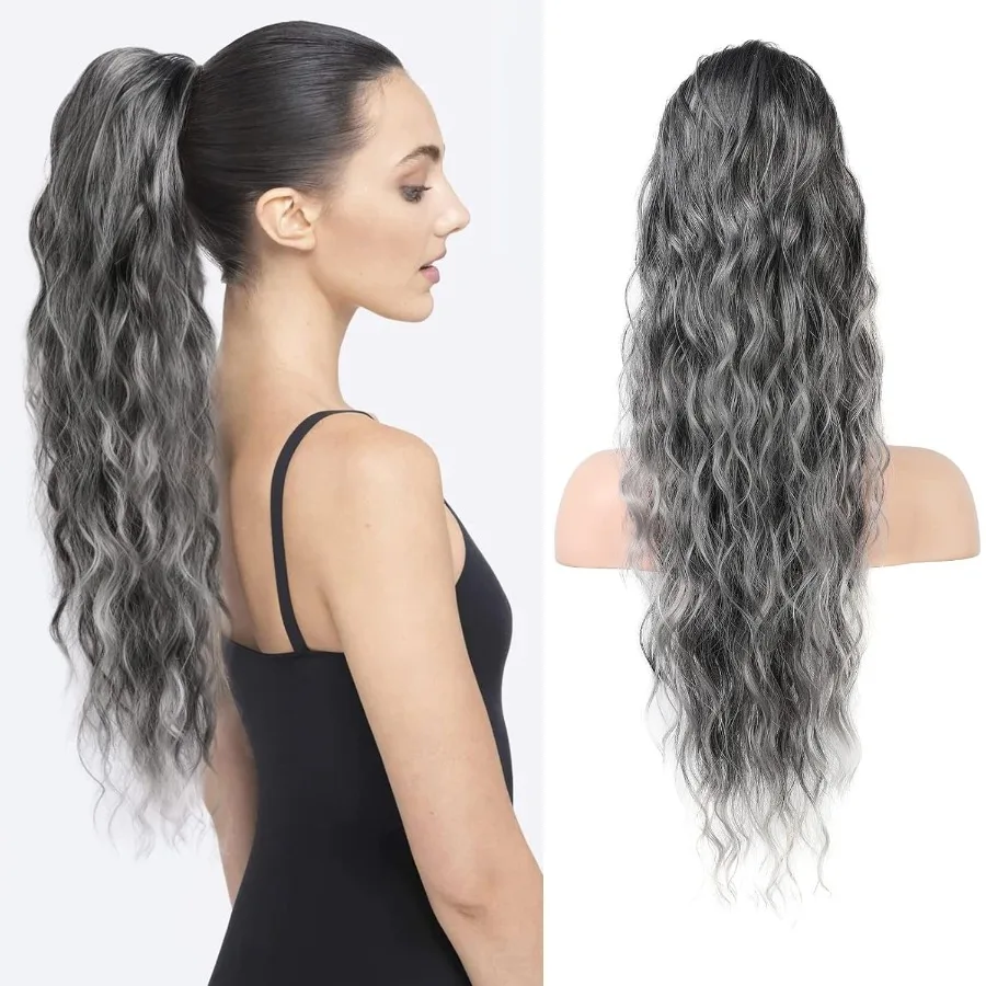 HOOJIH ذيل حصان تمديد الرباط ذيل حصان وصلات شعر 26 بوصة طويلة مجعد متموج ذيل حصان الطبيعية متموجة الاصطناعية هيربيسي