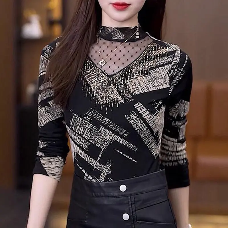 Autumn Winter Women\'s Clothing Lace Patchwork Long Sleeve Bright Silk T-shirt Pullover Casual Elegant Half High Collar Tops