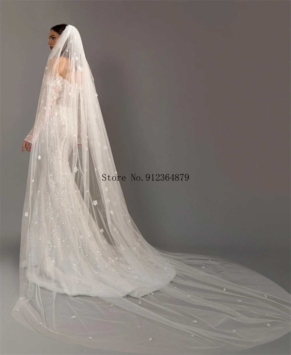 맞춤형 오프숄더 스팽글 머메이드 웨딩드레스 긴팔 신부 드레스 플로럴 베일 화려한 웨딩 가운