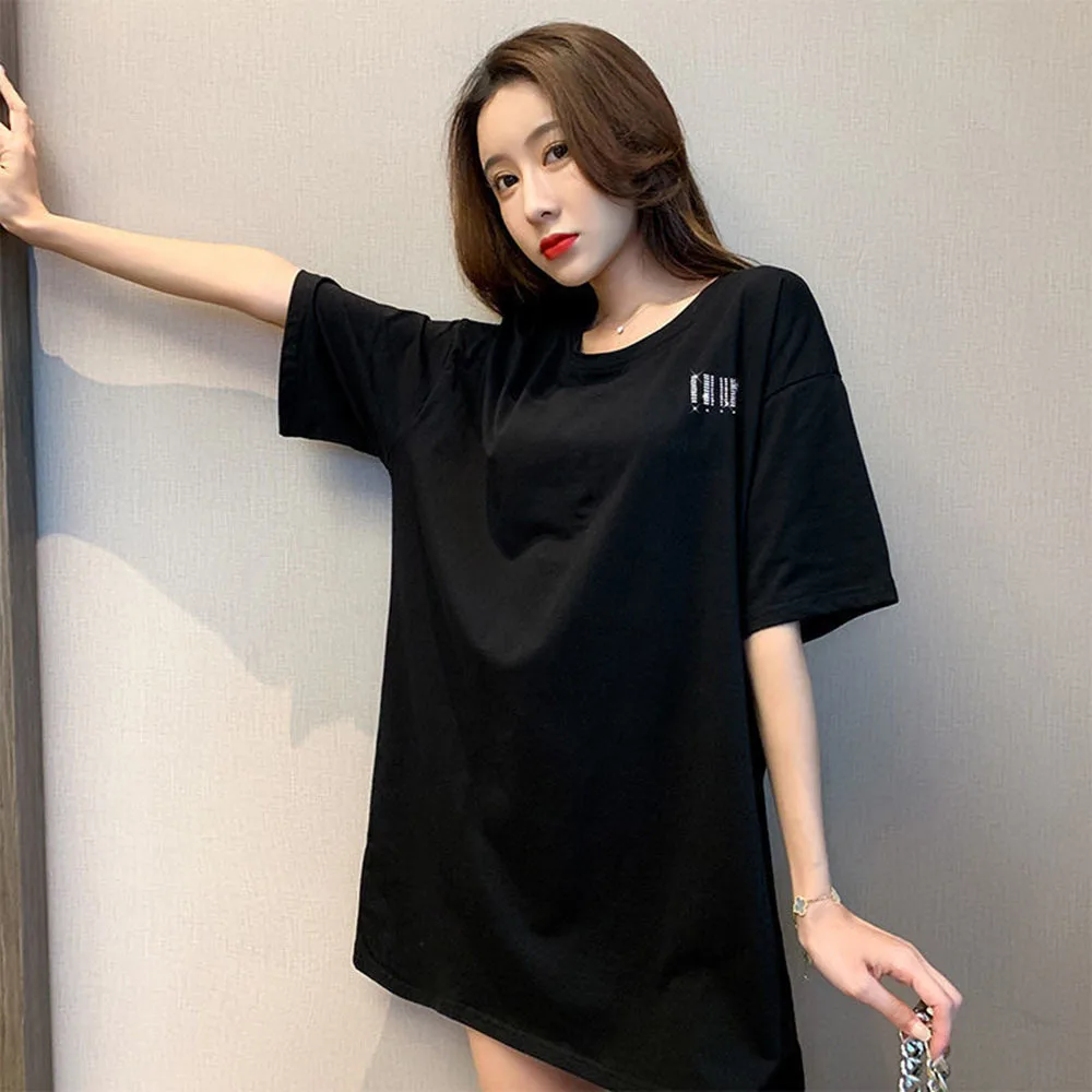 2022 Y2K Black Street Letter Sequins Tees Round Neck Summer Tops Women rhinestones T-shirt Mid-length Top 40-150KG