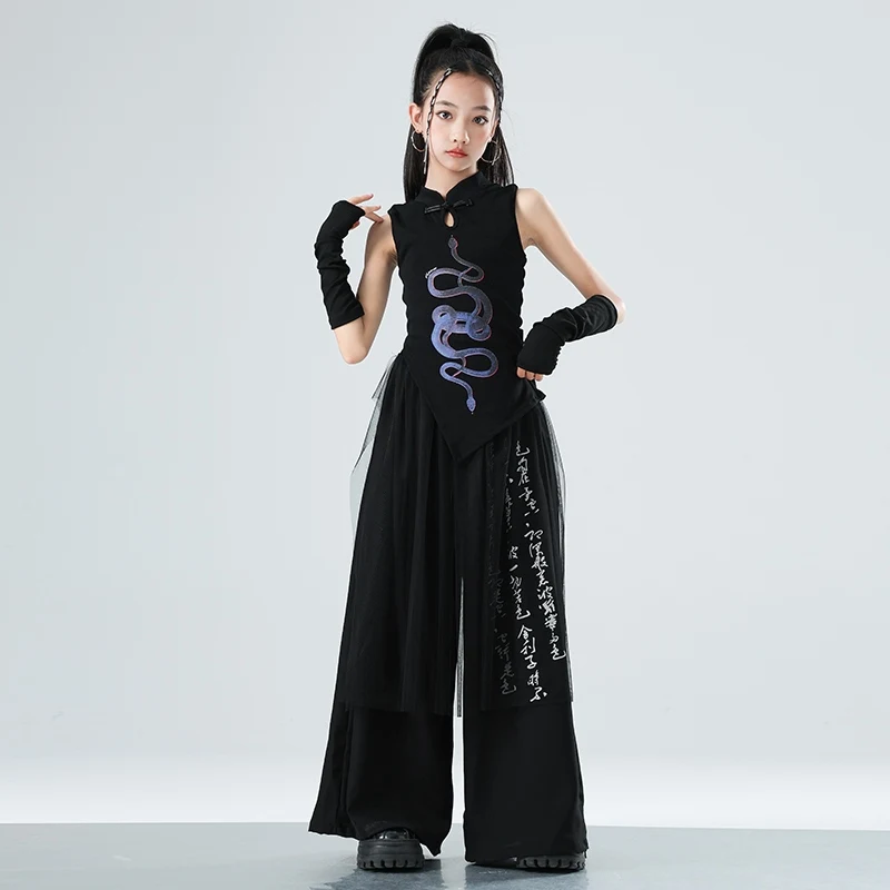 สีดําสไตล์จีน K-pop ชุดเวทีสําหรับสาวแฟชั่นเสื้อผ้าแจ๊สเต้นรํา Hip-Hop Dance เสื้อผ้า XH2821