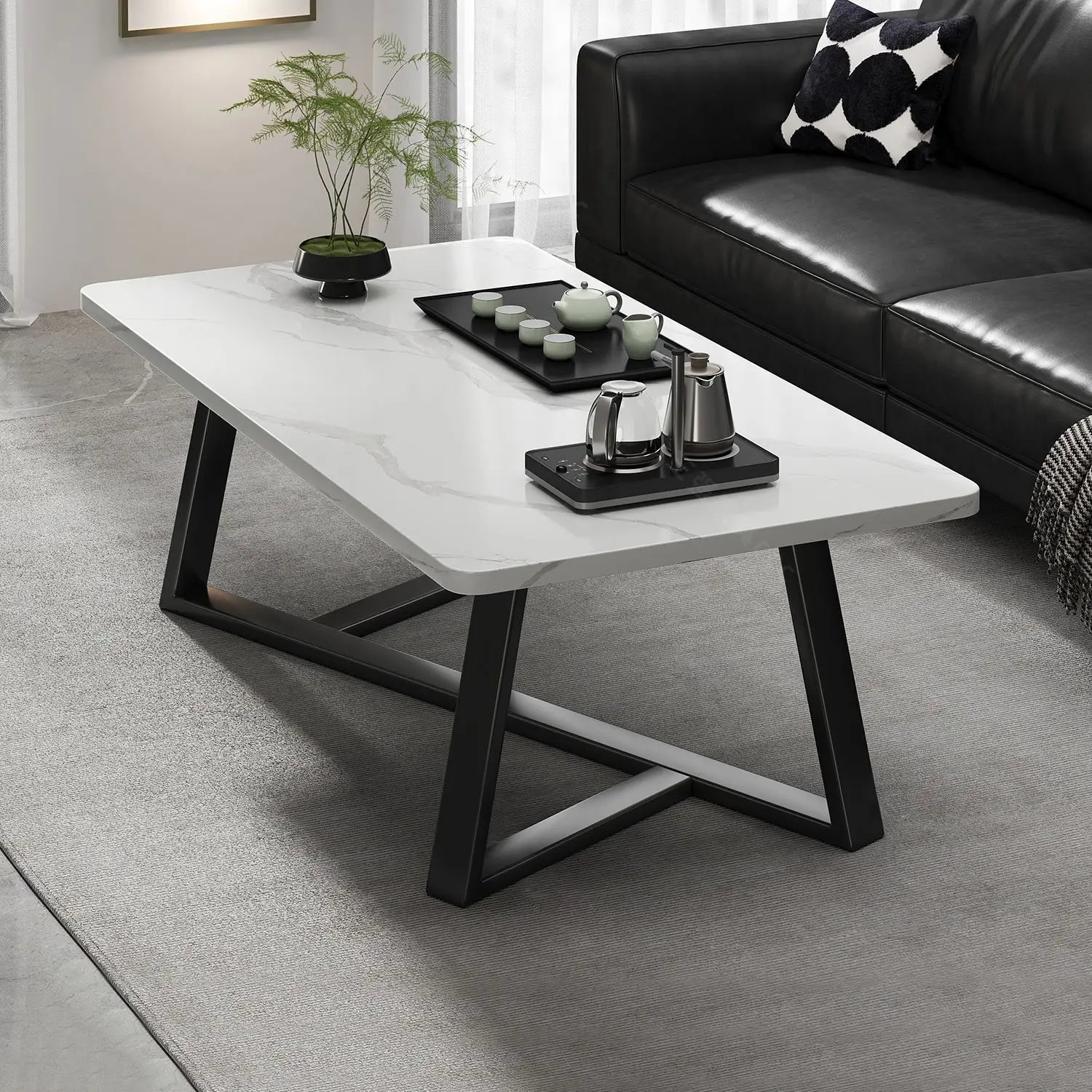 

Modern Coffee Table with Marble Texture Top - Sturdy Metal Frame Easy Assembly Living Room Center Table Furniture