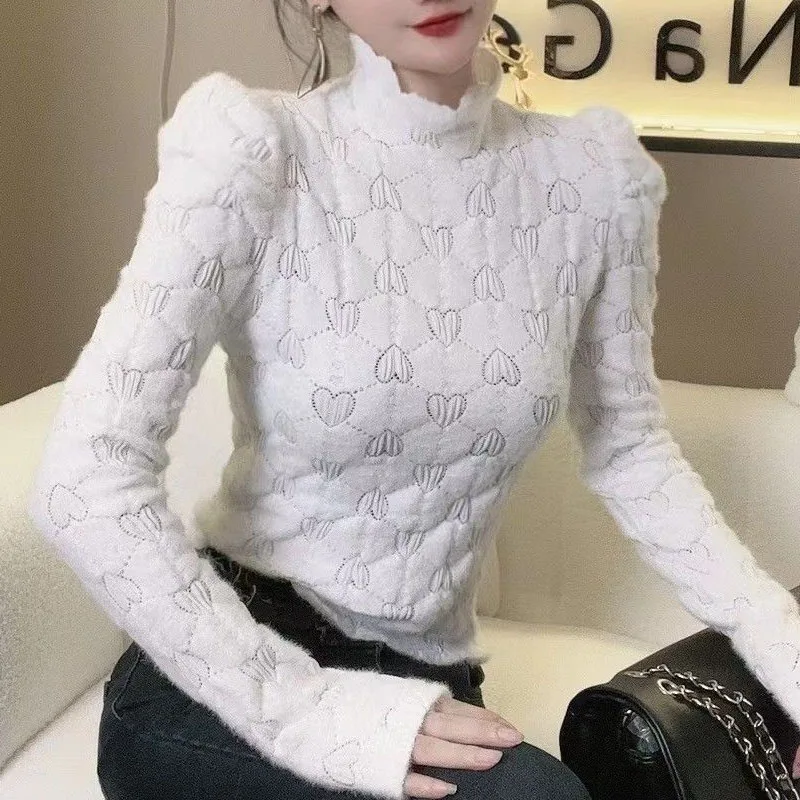 Korean Sweet Love Pattern Printing Hollow Out Soft Stand Collar Lace Solid Slim Puff Sleeve T-Shirts Autumn Winter Ladies Cloth