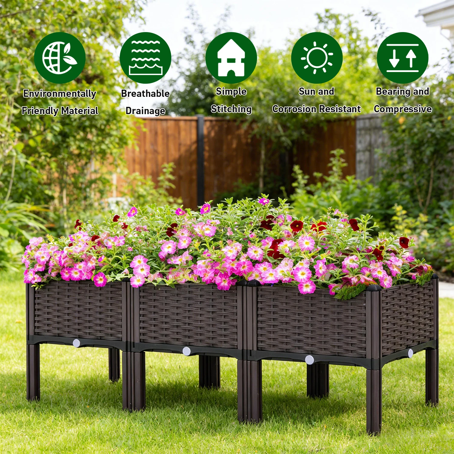 3pcs Vegetable Flower Raised Garden Container with Legs Elevated Planter Boxe withDrain Outlet for Indoor/Outdoor/Garden/Balcony