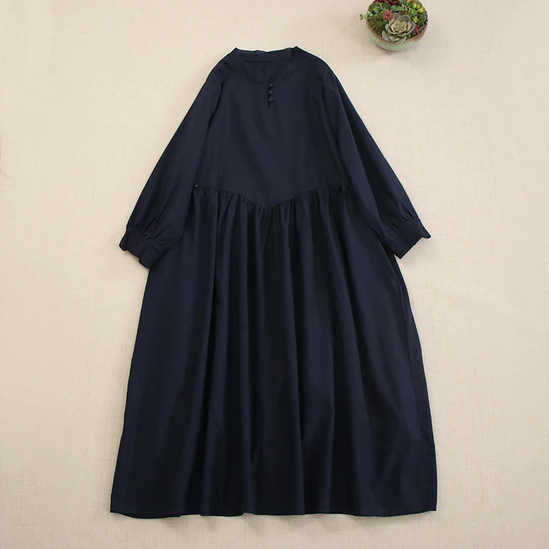 Spring New Japanese Sweet Mori Girl Solid Color Cotton Linen Dress Women Vintage V-Neck Long Sleeve Casual Loose Midi Dresses