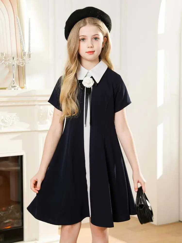 2024 Preppy Style Contrasting Girls Dress Turn Down Collar Casual Daily Children Dresses Teenager Party Short Sleeves Clothing ﻿