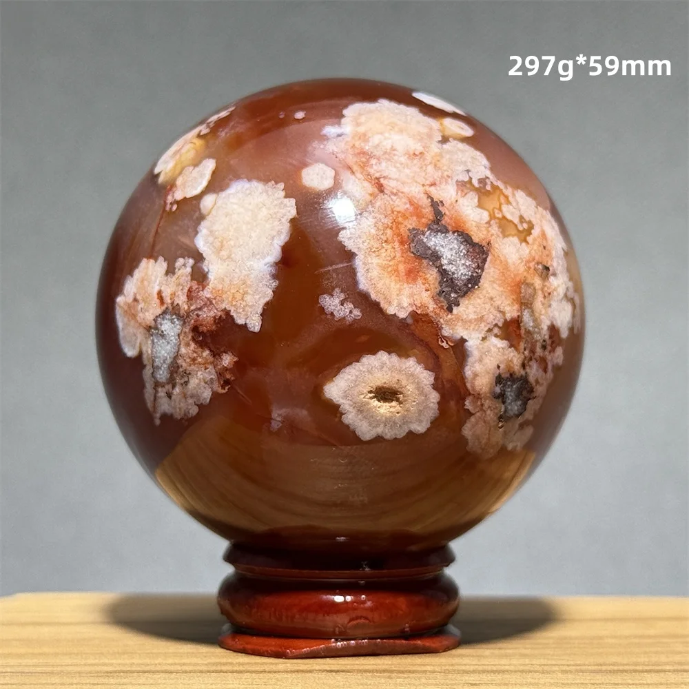 Red Cherry Blossom Agate Ball Natural Mineral Gem Aura Spiritual Meditation Massage Energy Divination Home Decoration Gift+Base