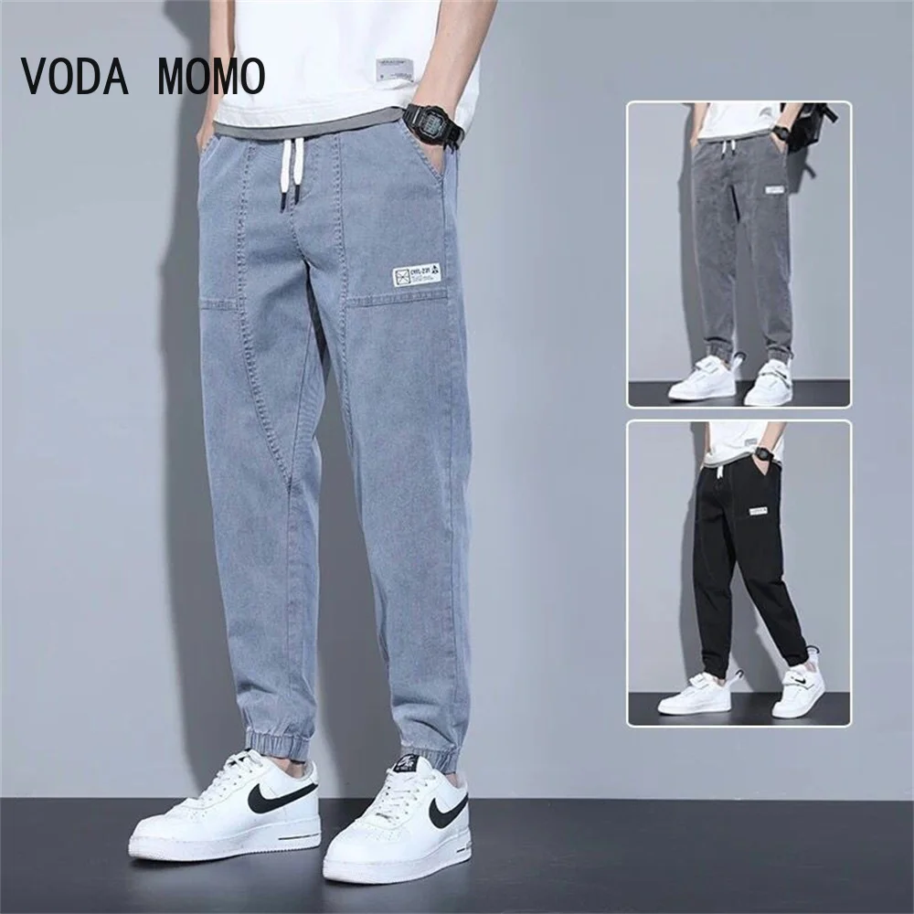 2025 frühling Sommer Lose männer Jeans Text Stickerei Baggy Elastische Taille Harlan Cargo Jogger Hosen Männlich Grau männer jeans harem