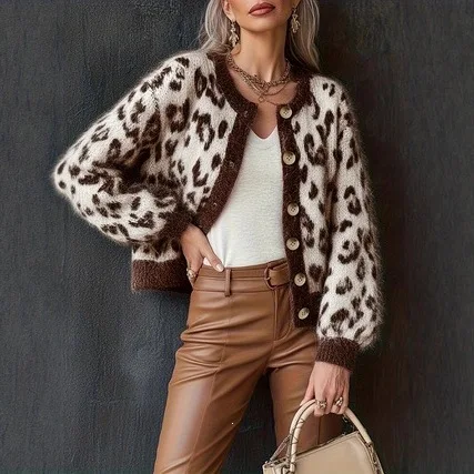 Autumn and Winter New Fashion Niche Retro Leopard Print Contrasting Jacquard Sweater Knitted Cardigan