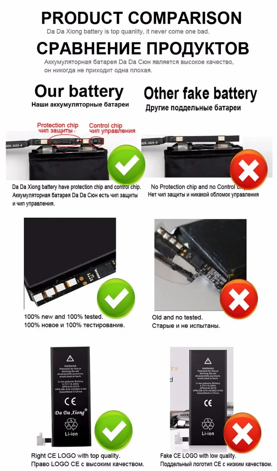 DaDaXiong  Capacity Battery For iPhone 4 4S 6 6S 7 8 Plus SE X XR Xs 11 Pro Max Replacement 0 Cycle Bateria 5 5S SE2