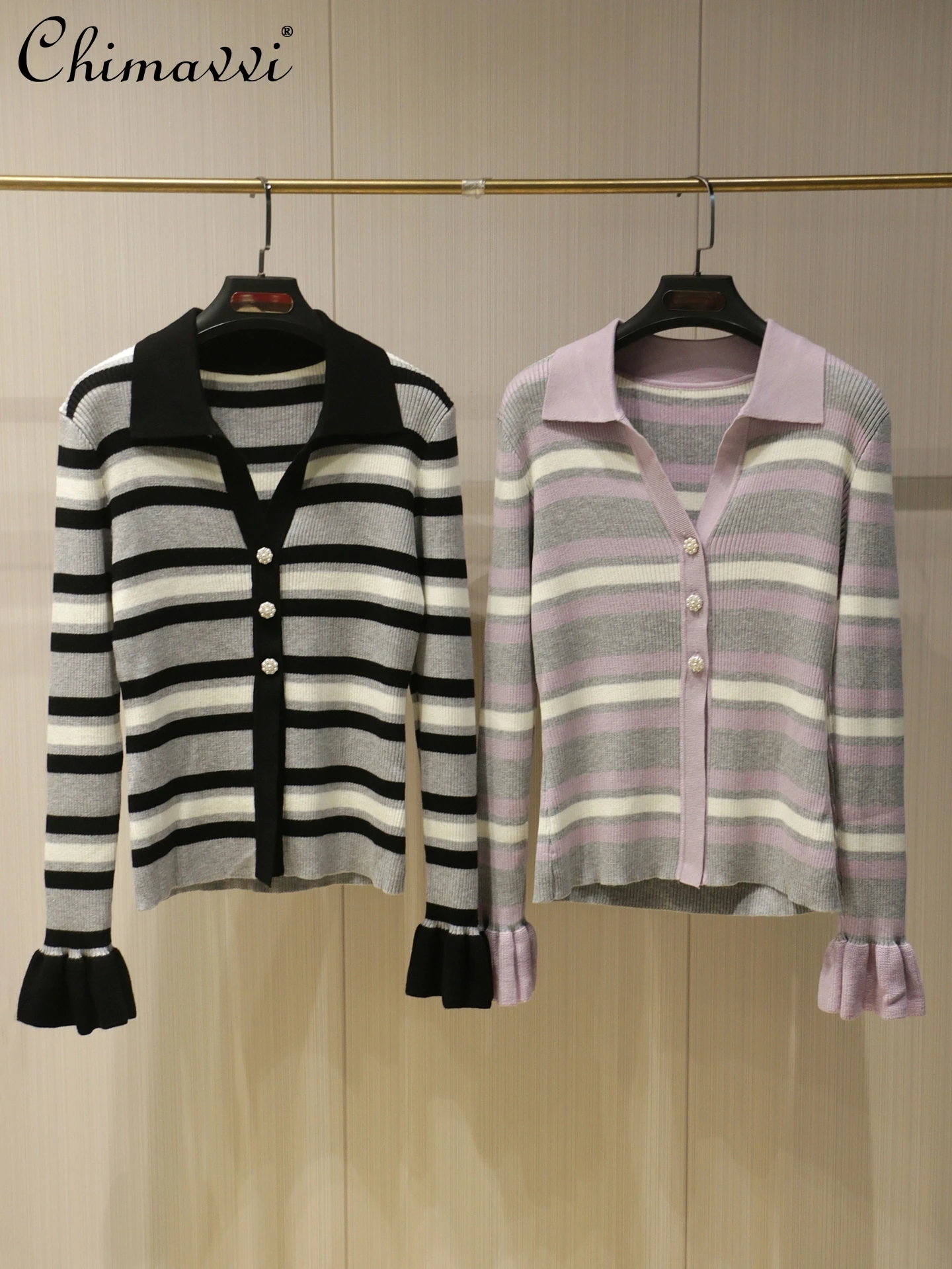 

2025 Autumn New French Fashion Knitted Striped Cardigan for Women Round Neck Long Sleeve Slim Fit Elegant Sweater Coat Top