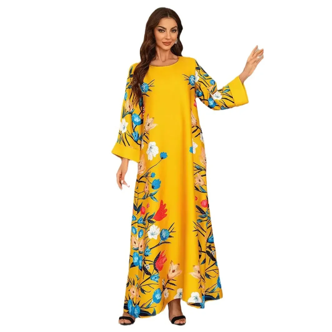 Manica lunga diamante Jalabiya abito musulmano donna o-collo stampa moda abaya per Wmen Casual Holiday Vestido Longo Feminino