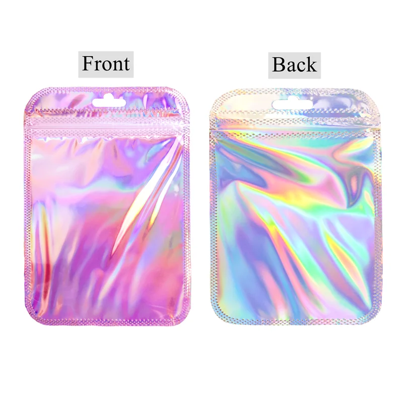 50X Resealable Holographic Mylar Bags Cute Pink Eyelash Packaging Bags For Lip Gloss Lash Foil Small Ziplock Bags With Hang Hook