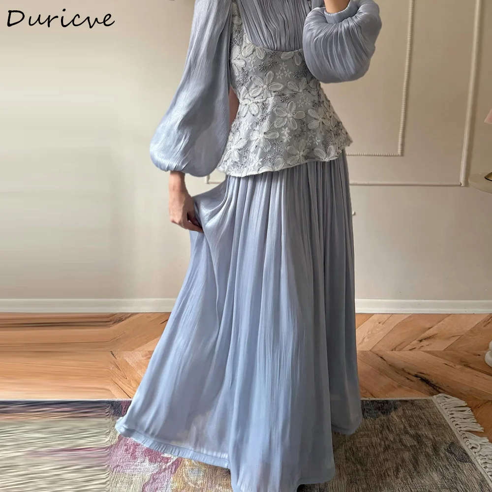 Duricve Customized Blue Chiffon Muslim Evening Dresses Floral Embroidery Long Sleeves High Neck A-Line Modest Formal Prom Gown