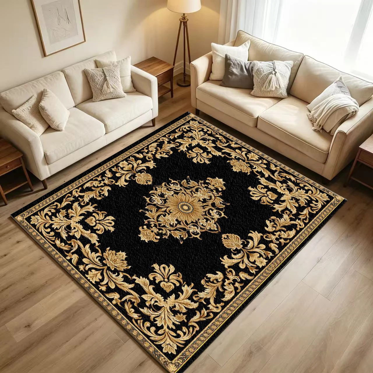 Luxury Black Gold European Baroque Carpet Flooring Vintage Ornate Scroll Floral Medallion Border Printed Floor Rug for Household Living Space Home Decor
